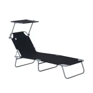 Best Outdoor Foldable Sun Lounger, 4 Level Adjustable Backrest Reclining Sun Lounger Chair with Angle Adjust Sun Shade Awning for Beach, Garden, Patio, Black