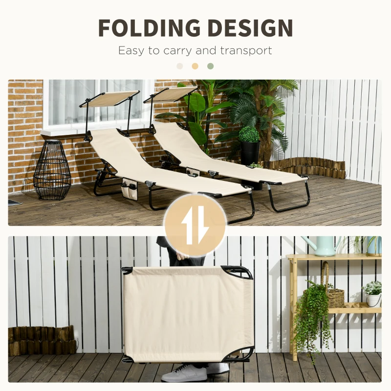 Best 2 Piece Folding Sun Loungers with Canopy, Adjustable Recliner Garden Chairs with Side Pocket, Steel Frame and Breathable Mesh for Outdoor, Pool, Beach, Garden, Tan Brown - Image 6