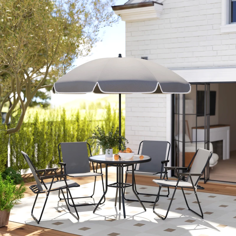 Best 4 Seater Garden Furniture Set, 6 Pieces Garden Table and Chairs with Parasol, Outdoor Garden Dining Set with Folding Chairs and Round Glass Top Table for Patio, Grey - Image 2
