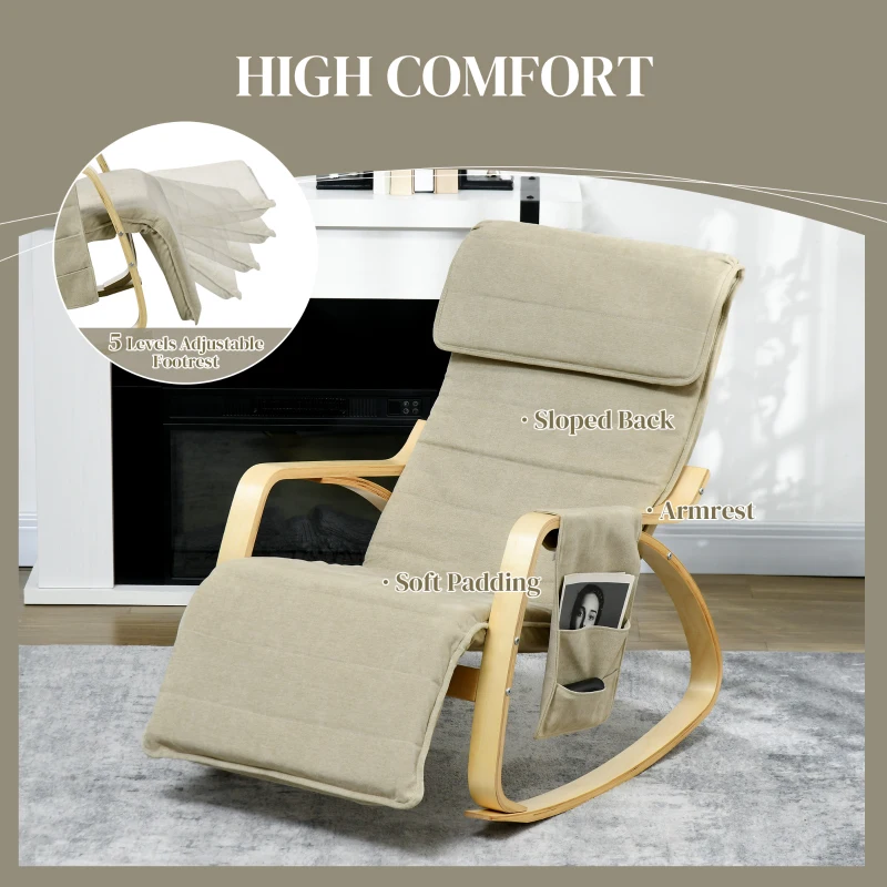 HOMCOM Rocking Lounge Chair Recliner Relaxation Lounging Relaxing Seat with Adjustable Footrest, Side Pocket and Pillow, Khaki - Image 5