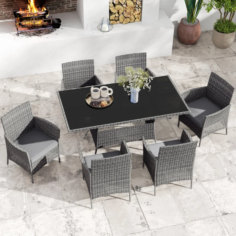 Best 7-Piece Rattan Garden Furniture Set with Cushions, 6 Seater Garden Table and Chairs, Rattan Dining Set with 6 Armchairs, Rectangular Glass Top Table, Charcoal Grey - Image 8