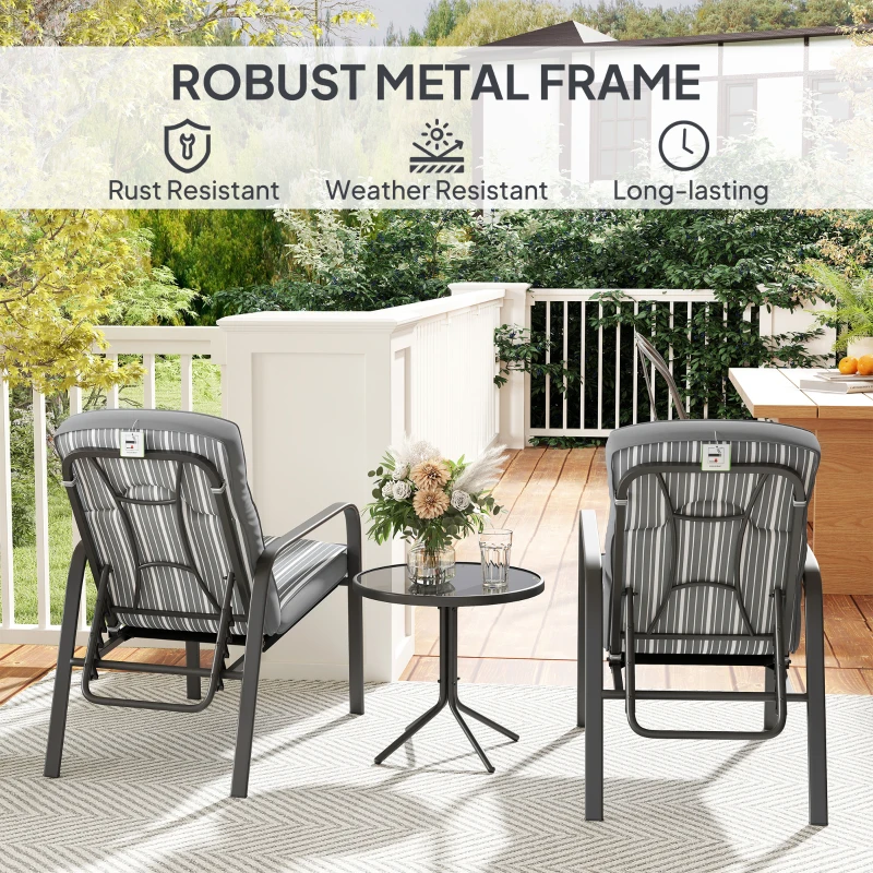 Best 3-Piece Patio Bistro Set, 5-Position Adjustable Recliner Garden Chairs and Tempered Glass Table, Garden Furniture Set with Cushions, High Back, Armrests, Metal Frame for Balcony Patio, Grey - Image 7