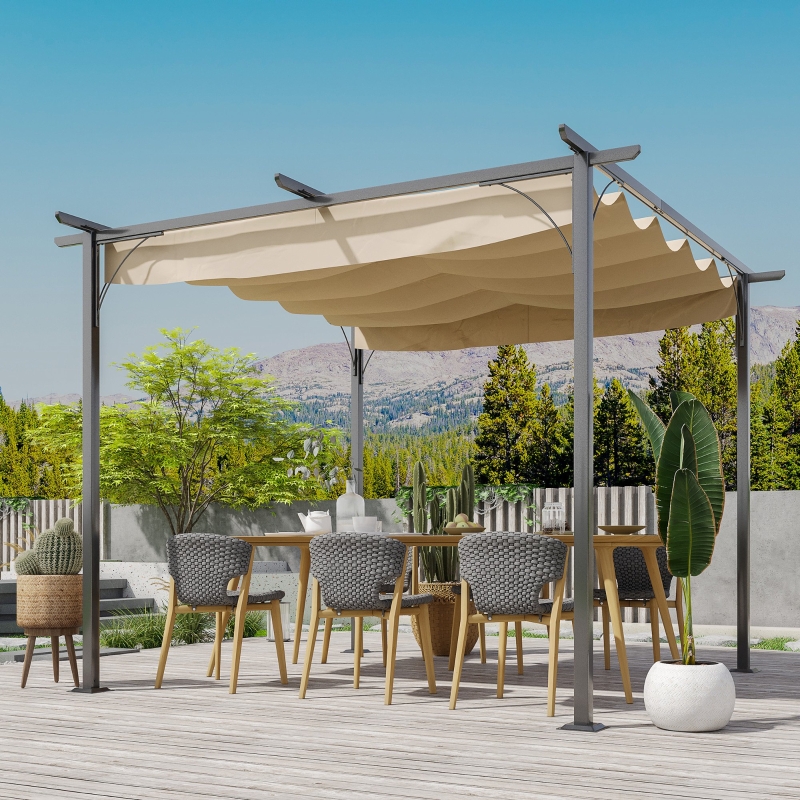 Best 3 x 3(m) Metal Pergola with Retractable Roof, Garden Gazebo Metal Pergola Canopy. Outdoor Sun Shade Shelter for Party BBQ, Beige - Image 10