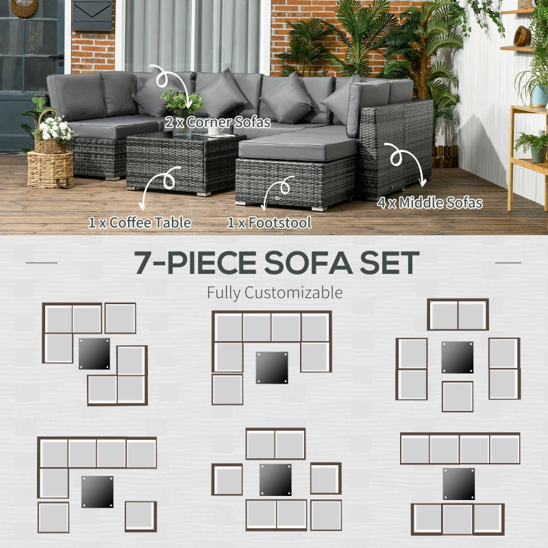 Best 8 Pieces PE Rattan Corner Sofa Set, Outdoor Garden Furniture Set, Patio Wicker Sofa Seater w/ Cushion, Washable Cushion Cover & Tempered Glass Table, Grey - Image 6