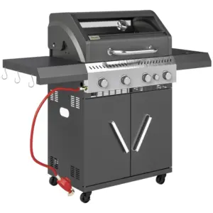 Best 4+1 Burner Gas BBQ Grill with Clear View Lid, Portable Gas Barbecue Grill with Built-in Thermometer, Side Table, Cabinet, Wheels, Grease Tray for Garden Party Outdoor Cooking, Black