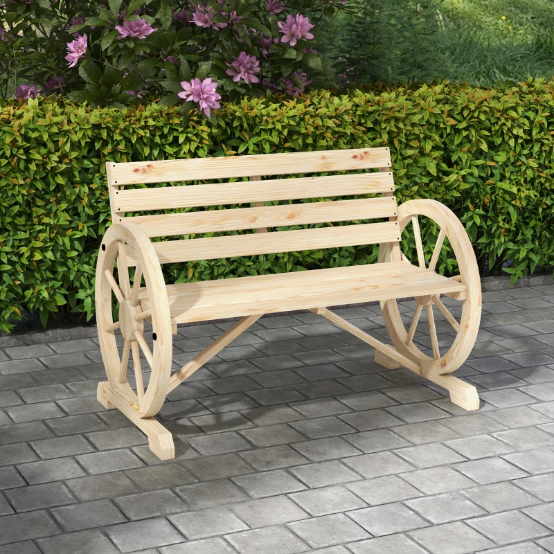 Best Wagon Wheel Chair Bench Armrest Rustic Loveseat Wood Outdoor Garden, Natural - Image 2