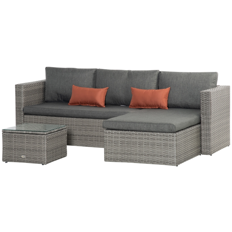 Best 3 Pieces Outdoor PE Rattan Sofa Set, Patio Wicker Conversation Chaise Lounge Furniture w/ Tempered Glass Table-top & Soft Padded Cushion for Garden, Backyard, Lawn, Grey - Image 12