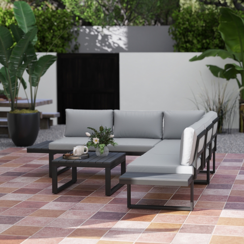 Best 4 Pieces Garden Furniture Set, 5-Level Reclining Garden Corner Sofa Set, Outdoor Lounge Conversation Sectional with Cushions, Wood Effect Plastic Table, Black Frame & Light Grey Cushion - Image 9