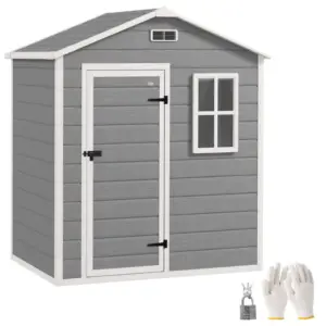Best 6 x 4ft Garden Shed, Plastic Shed with Floor, Window, Lockable Door and Vents, Wood Effect Resin Tool Shed for Outdoor, Grey
