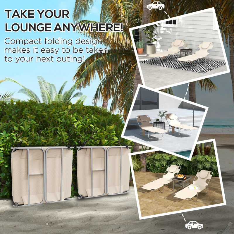 Best Foldable Sun Lounger Set of 2, Beach Chaise Lounges with Reading Hole, Arm Slots, 5-Position Adjustable Backrest, Side Pocket, Pillow for Patio, Garden, Beach, Pool, Beige - Image 6