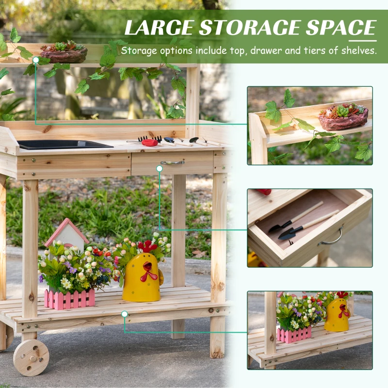Best Garden Potting Bench Table, Wooden Work Station, Outdoor Planting Workbench with 2 Wheels, Sink, Drawer & Large Storage Spaces, 92x45x119cm - Image 6