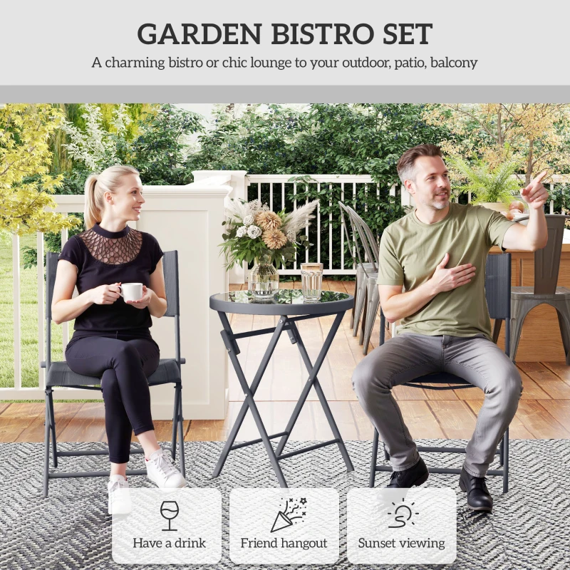 Best 3 Pieces Outdoor Bistro Set, Glass Top Outdoor Table and 2 Folding Chairs with Protecting Feet, Grey - Image 4