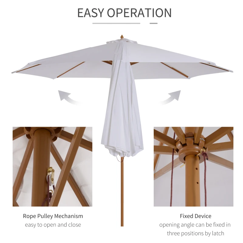 Best 3(m) Garden Parasol, Pulley Operated Patio Umbrella, Wooden Table Market Umbrella with Rope Pulley Mechanism and 8 Ribs, Cream White - Image 5