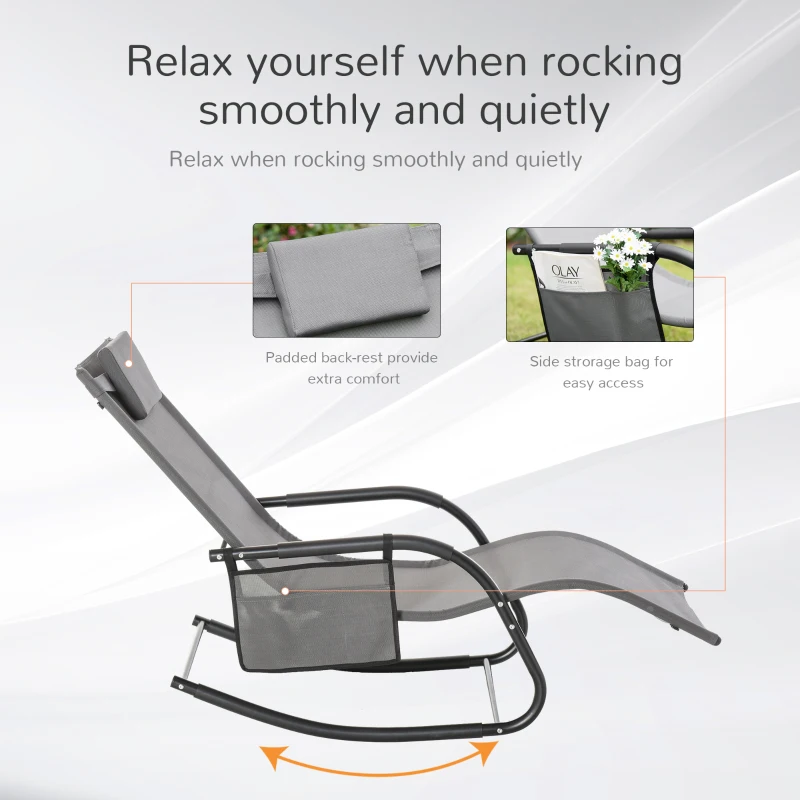 Best Outdoor Garden Rocking Chair, Patio Sun Lounger Rocker Chair with Breathable Mesh Fabric, Removable Headrest Pillow, Armrest, Side Storage Bag, Grey - Image 7