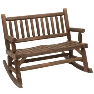 Best Garden 2-Seater Rocking Bench Wood Frame Rough-Cut Log Loveseat Slatted High Back Rustic Style with Armrests Garden Outdoor Furniture - Dark Stain Brown