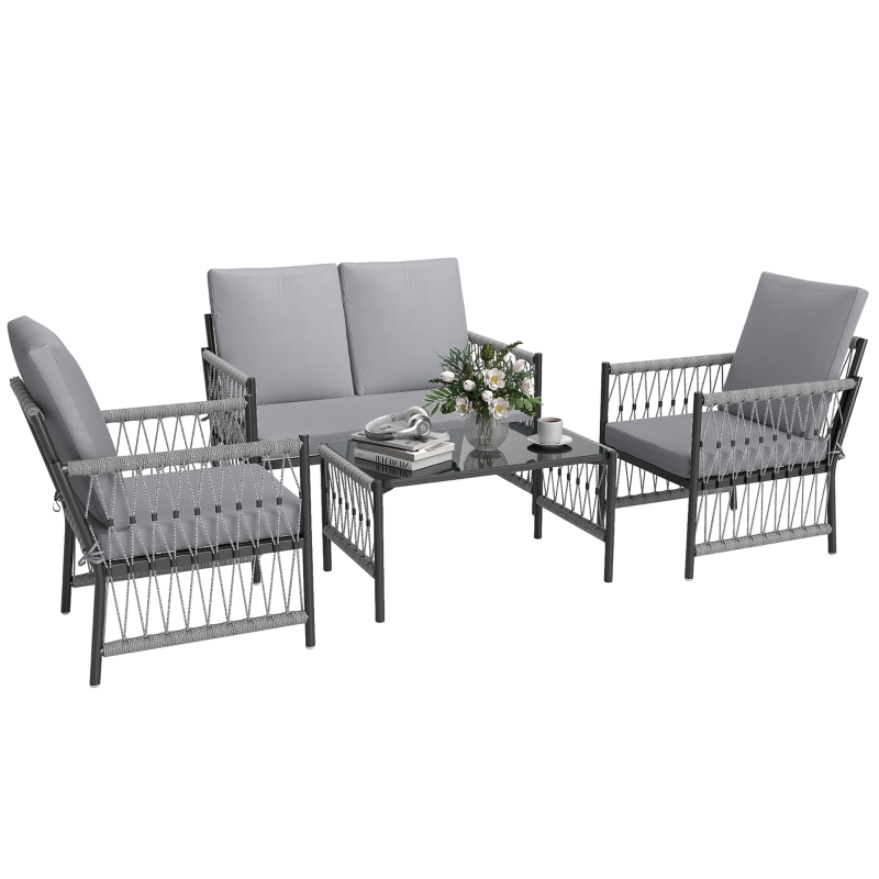 Best 4 Piece Rattan Garden Furniture Set, 4 Seater Wicker Patio Conversation Set with 2 Armchairs, Loveseat, Glass Top Coffee Table and Cushions for Outdoor, Balcony, Grey - Image 11
