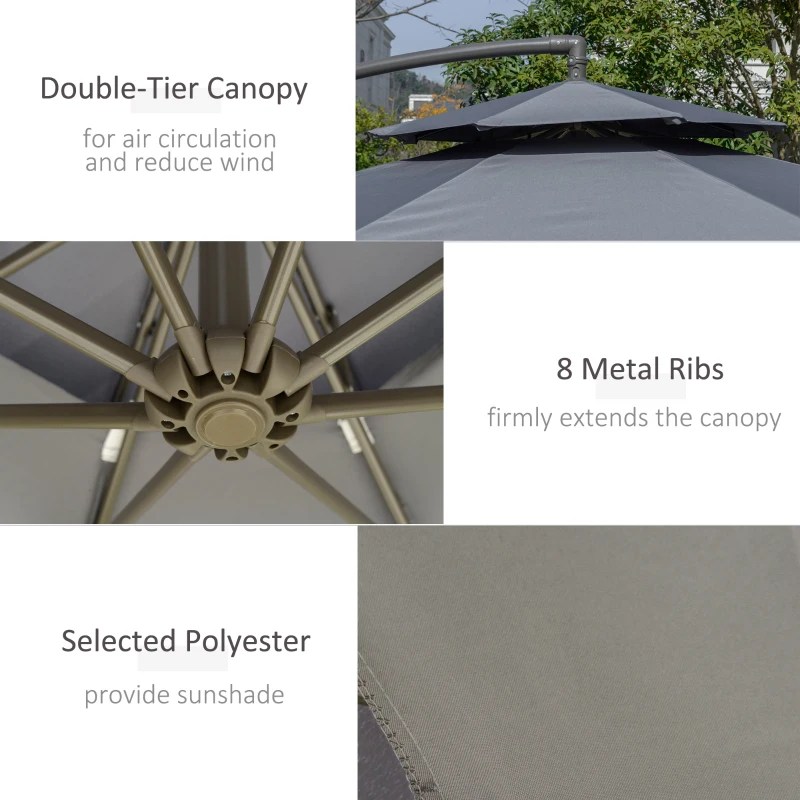 Best 2.7m Garden Banana Parasol Cantilever Umbrella with Crank Handle, Double Tier Canopy and Cross Base for Outdoor, Hanging Sun Shade, Dark Grey - Image 6