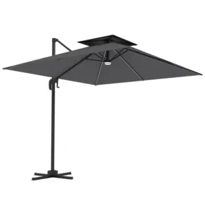 Best 2.5m Cantilever Parasol with Solar Powered LED Lights, 360° Rotation, Tilt Adjustment, Crank Handle, Dark Grey