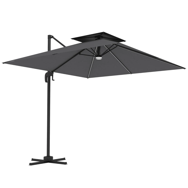Best 2.5m Cantilever Parasol with Solar Powered LED Lights, 360° Rotation, Tilt Adjustment, Crank Handle, Dark Grey