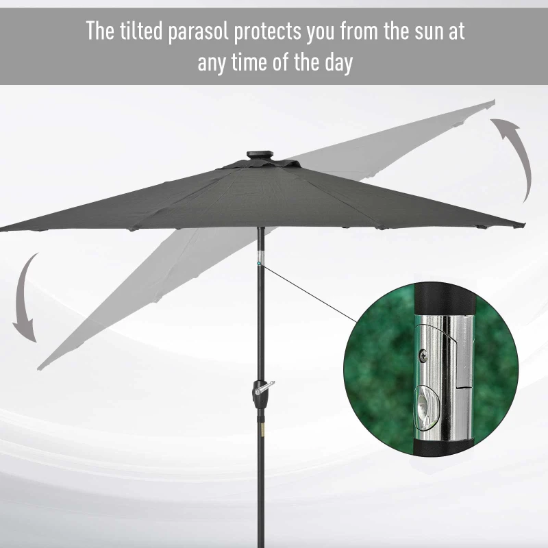 Best Φ2.7m Garden 24 LED Light Parasol Solar Outdoor Tilt Sun Umbrella Patio Club Party Event Manual Sun Shade w/ Hand Crank and 8 Ribs, Grey - Image 7