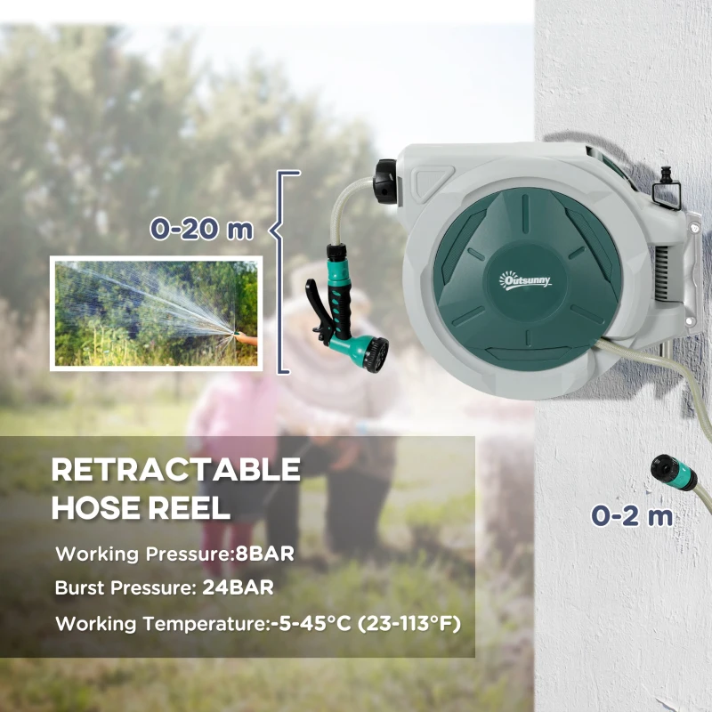 Best Retractable Hose Reel Wall Mounted, 20+2m Garden Hose Pipe Reel with Lock, Auto Rewind, 7 in 1 Spray Nozzle, Includes Wall Fixings, 180° Swivel, Outdoor Watering, Light Grey - Image 4