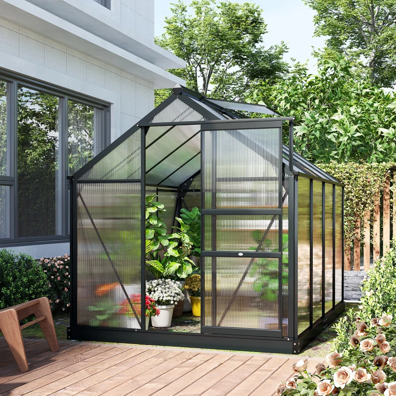 Best 6 x 8ft Polycarbonate Greenhouse, Large Walk-In Green House with Slide Door and Window, Garden Plants Grow House with Aluminium Frame and Foundation, Grey - Image 2