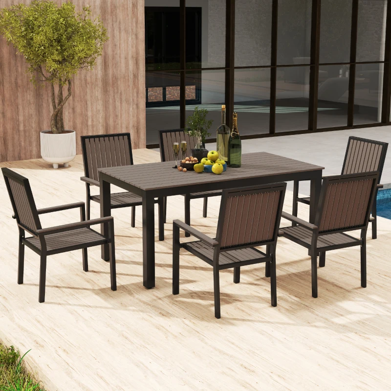 Best 6 Seater Garden Dining Set with Stackable Chairs, Aluminium Frame, Rectangular Plastic Top, Garden Furniture Set, Outdoor Dining Table and Chairs for Patio, Balcony, Poolside, Brown - Image 8