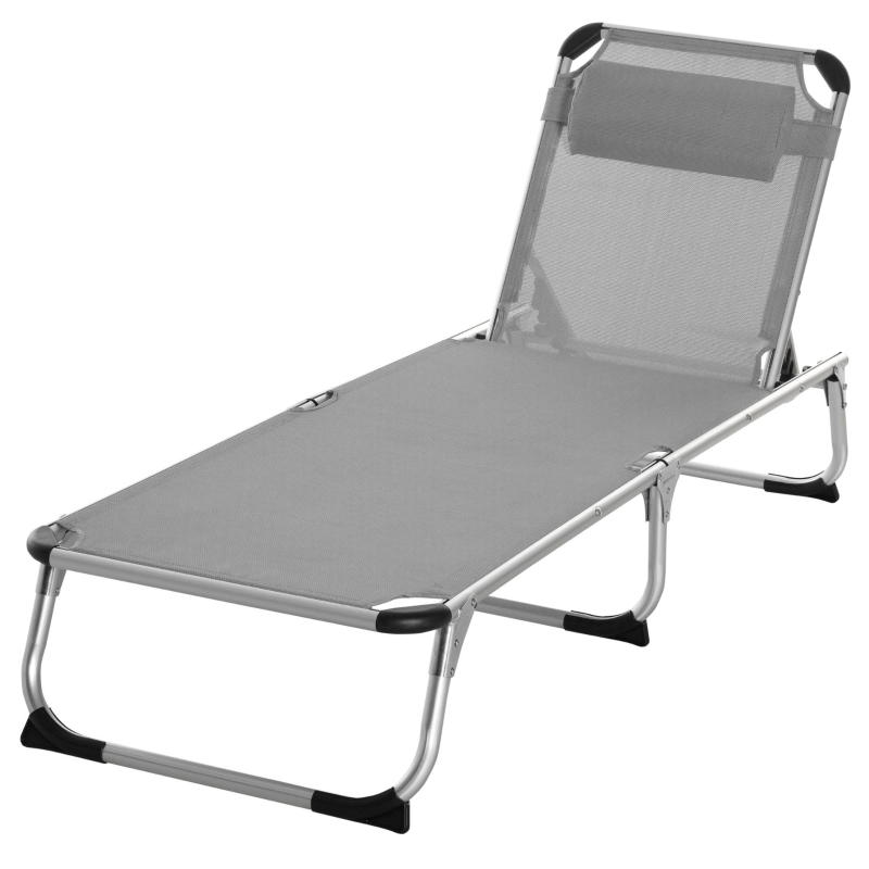 Best Foldable Reclining Sun Lounger Lounge Chair Camping Bed Cot w/ Pillow 4-Level Adjustable Back Aluminium Frame Grey - Image 11