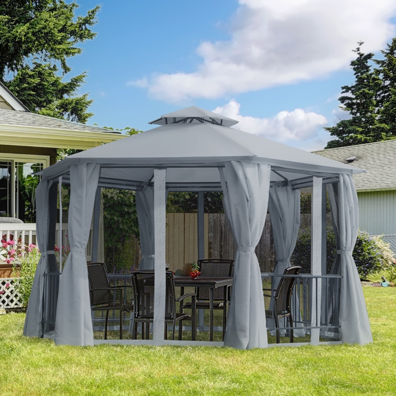 Best 3 x 3(m) Hexagon Gazebo Patio Canopy Party Tent Outdoor Garden Shelter w/ 2 Tier Roof & Side Panel - Grey - Image 11
