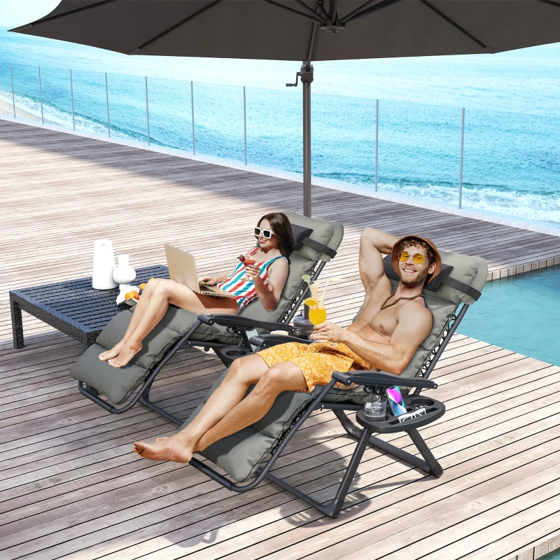 Best Set of Two Reclining Sun Loungers, with Cushion - Grey - Image 2