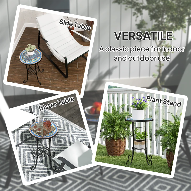 Best Mosaic Garden Table, 35.5 cm Round Outdoor Table with Shelf, Ceramic Tile Top, Small Garden Side Table Bistro Table End Table Plant Stand for Indoor, Patio, Balcony, Blue - Image 7