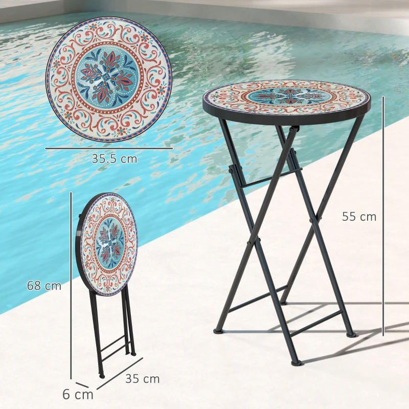 Best Mosaic Outdoor Garden Table, 35.5cm Round Folding Coffee Table with Metal Frame for Balcony Terrace, Multicolour - Image 3