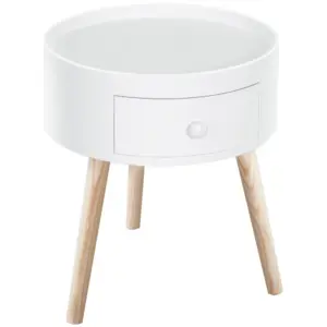 Best Modern Side Table, Small Coffee Table, Round Bedside Table with Drawer and Wood Legs for Living Room, Bedroom, White