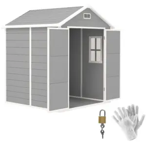 Best 6 x 5ft Garden Shed, Plastic Shed with Floor, Window, Lockable Doors and Vents, Wood Effect Resin Tool Shed for Outdoor Patio, Dark Grey