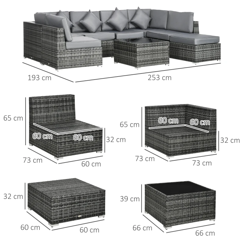 Best 8 Pieces PE Rattan Corner Sofa Set, Outdoor Garden Furniture Set, Patio Wicker Sofa Seater w/ Cushion, Washable Cushion Cover & Tempered Glass Table, Grey - Image 3