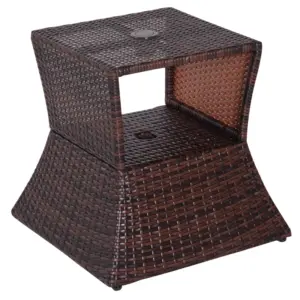 Best Rattan Outdoor Coffee Table, Wicker Garden Patio Bistro Side Table with Umbrella Hole and Storage Space for Balcony, Porch, Brown