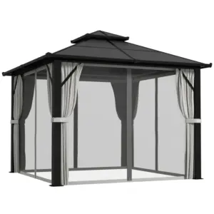 Best 3 x 3(m) Hardtop Gazebo Canopy with UPF30+ Double Polycarbonate Roof, Aluminium Frame Garden Gazebo Permanent Pavilion with Mosquito Netting and Curtains for Patio, Deck, Grey