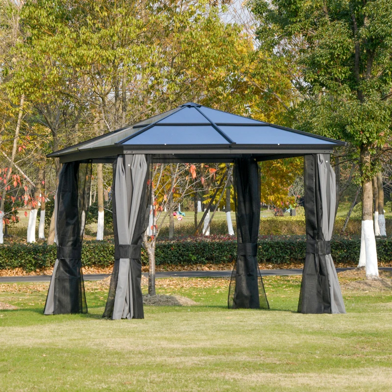 Best 3 x 3(m) Hardtop Gazebo Canopy with Polycarbonate Roof, Aluminium Frame, Permanent Pavilion Garden Gazebo with Netting and Curtains for Patio, Deck, Dark Grey - Image 2