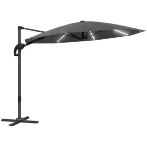 Best 3(m) Cantilever Garden Parasol with Solar Powered Lights, Crank Handle & Cross Base, UPF 50+, 360° Rotation, Dark Grey