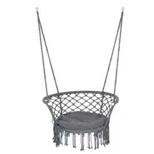 Best Outdoor Hanging Rope Chair with Cotton Rope, Cotton-Polyester Blend Macrame Garden Hammock Chair with Seat Cushion, Support Backrest, for Patio, Garden, Porch, Dark Grey