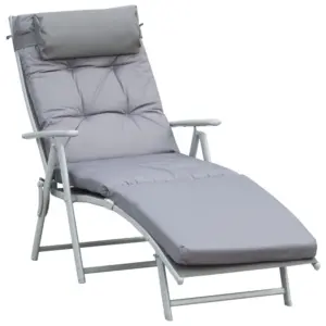 Best Steel Frame Outdoor Garden Padded Sun Lounger w/ Pillow Grey