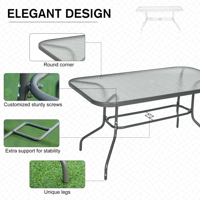 Best Garden Dining Table Glass Top Metal Frame with Parasol Hole Outdoor Balcony Grey 140L x 80Wcm - Image 5