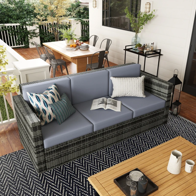 Best 3 Seater All Weather Outdoor Sofa, Garden Rattan Sofa with Cushions and Mental Frame, Grey - Image 2