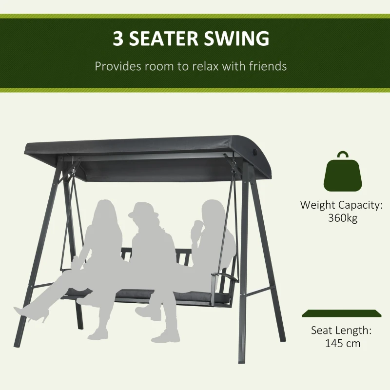 Best 3-Seat Garden Swing Chair, Outdoor Canopy Swing with Removable Cushion, Adjustable Shade, and Slatted Bench, for Porch, Poolside, Backyard, Dark Grey - Image 4