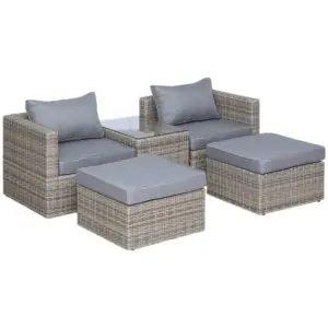 Best 5 Piece Rattan Garden Furniture Set w/ 10cm Thick Cushions, Aluminium Frame Wicker Outdoor Balcony Sofa Set with Corner Armchairs, Ottomans, and Glass Top Table, Mixed Brown