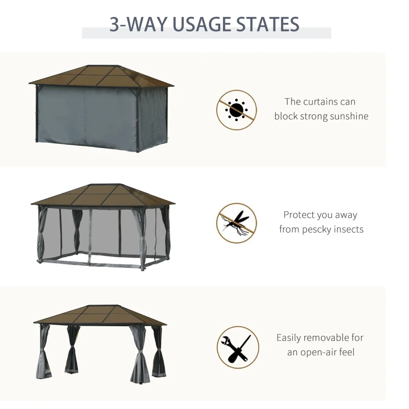 Best 3 x 4m Hardtop Gazebo Canopy with Polycarbonate Roof, Aluminium Frame, Permanent Pavilion Garden Gazebo with Netting and Curtains - Grey - Image 6