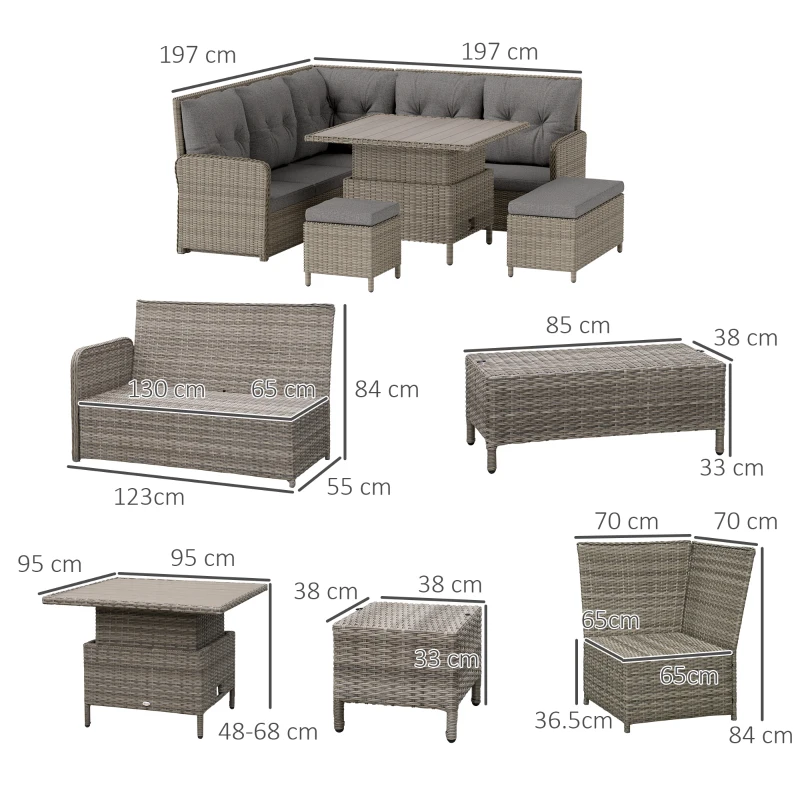 Best 6 Pieces Outdoor PE Rattan Garden Furniture, Patio Wicker Sectional Conversation Corner Sofa w/ Soft Padded Cushion & Liftable Coffee Table, Light Grey - Image 3