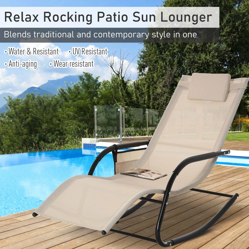 Best Outdoor Garden Rocking Chair, Patio Sun Lounger Rocker Chair with Breathable Mesh Fabric, Removable Headrest Pillow, Armrest, Side Storage Bag, Cream White - Image 4
