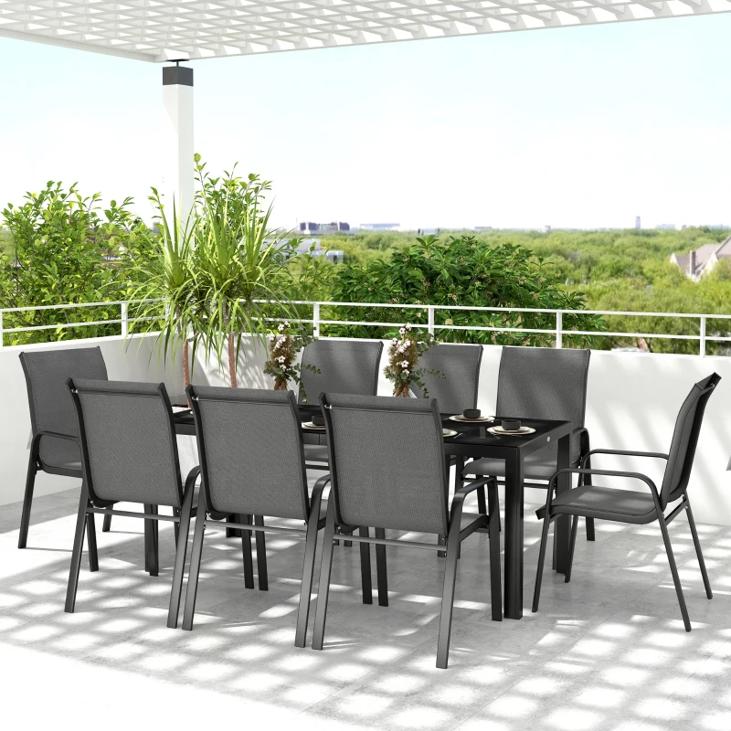 Best 8 Seater Garden Dining Set with Stacking Chairs, Rectangular Tempered Glass Top, Garden Furniture Set, Outdoor Dining Table and Chairs for Patio, Balcony, Poolside, Dark Grey - Image 8