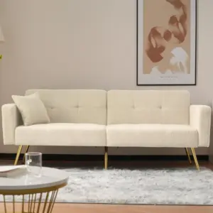 Sherpa Convertible Sofa Bed with 2 Side Pockets, Adjustable Backrest, Gold Legs, Elegant Loveseat for Bedroom, 176L x 64W x 75H cm, Beige